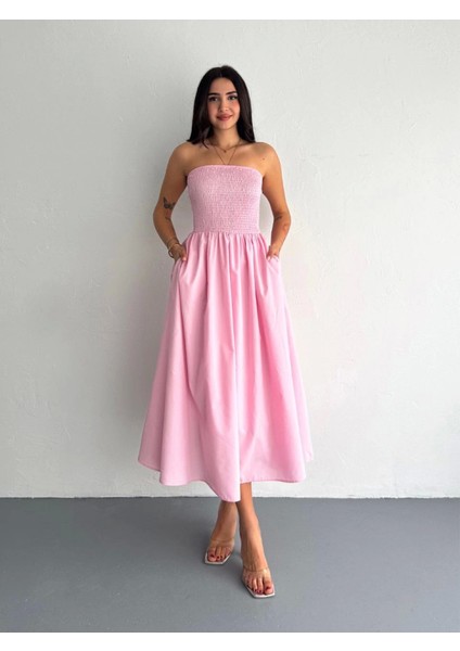 Straplez Pileli Elbise - Pembe Pembe-L fiyatları