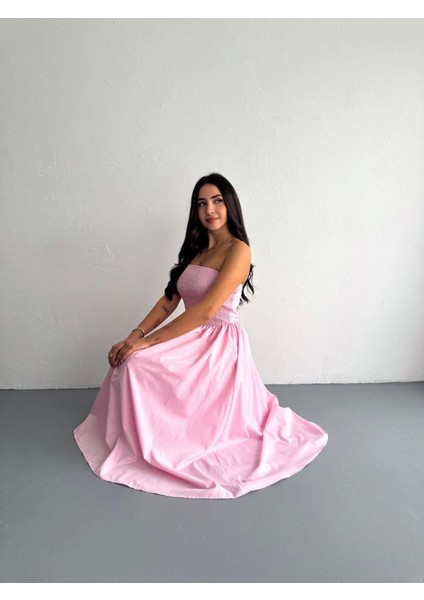 Straplez Pileli Elbise - Pembe Pembe-L modelleri