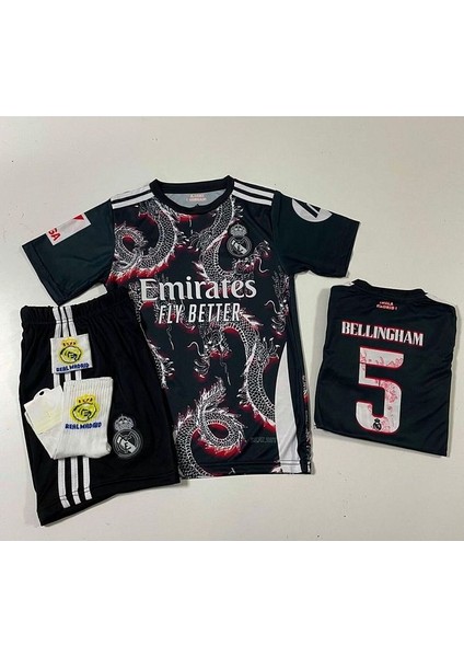 R. Madridd 2024/25 Sezon Dragon Desen Jude Bellingham Çocuk Forma 4'lü Set (Arma-Black-Red) modelleri