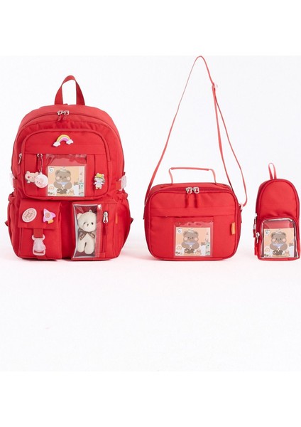 Kawaii Kore Tarzı Aksesuarlı 3'lü Set Çocuk Ilkokul Çantası Kalemlikli Beslenme Çantalı Sırt Çantası