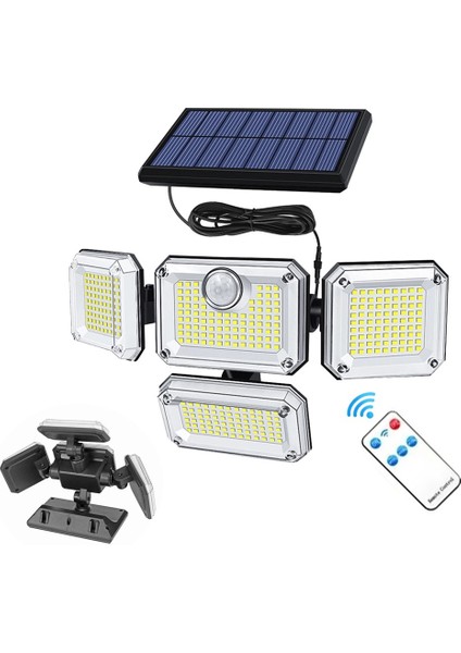 Güneş Enerjili 333 Ledli 4 Oynar Başlıklı Kumandalı Su Geçirmez Sensörlü Lamba