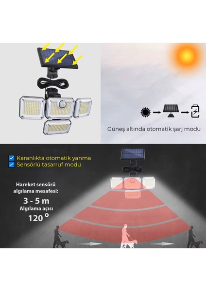 Güneş Enerjili 333 Ledli 4 Oynar Başlıklı Kumandalı Su Geçirmez Sensörlü Lamba indirimleri