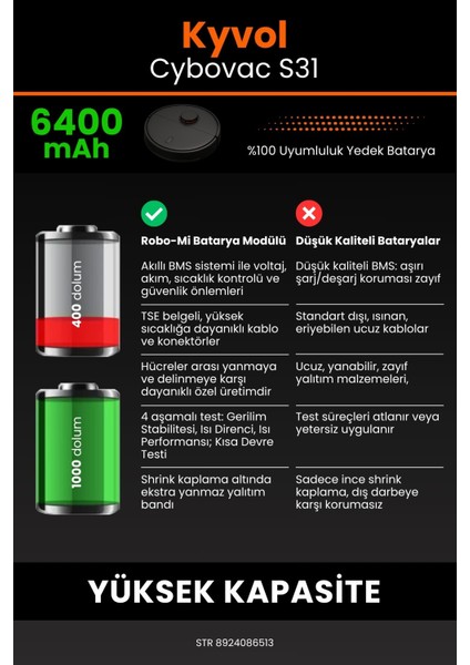 Robo- Mi Kyvol Cybovac S31 6400MAH Robot Süpürge Bataryası - Koruma Katmanlı Batarya Teknolojisi