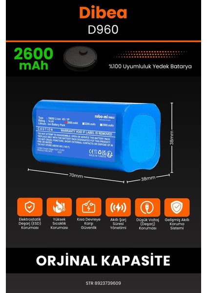 Robo- Mi Dibea D960 2600MAH Robot Süpürge Bataryası - Sertifikalı Güvenlik, Gerçek Kapasite fiyatları