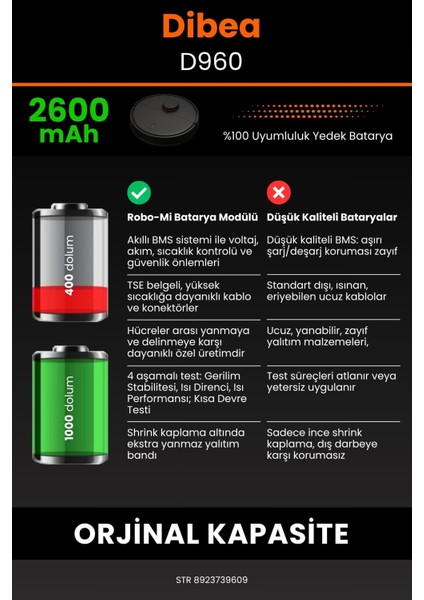 Robo- Mi Dibea D960 2600MAH Robot Süpürge Bataryası - Sertifikalı Güvenlik, Gerçek Kapasite
