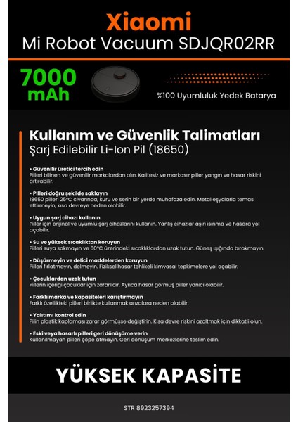 Robo- Mi Xiaomi Mi Robot Vacuum SDJQR02RR 7000MAH Robot Süpürge Bataryası - Koruma Katmanlı Batarya