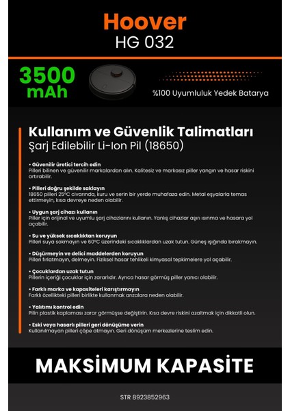 Robo- Mi Hoover Hg 032 3500MAH Robot Süpürge Bataryası - Gerçek Kapasite, Maksimum Güvenlik