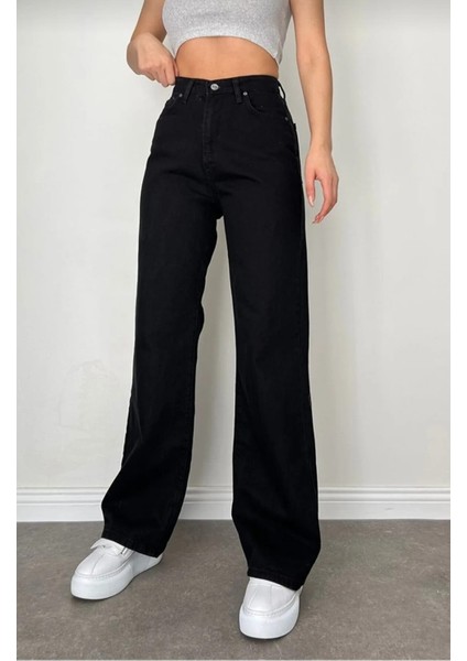 Elliy Simsiyah Likralı Süper Yüksek Bel Salaş Jeans Palazzo Pantolon (Süper Yüksek.) Wide Leg
