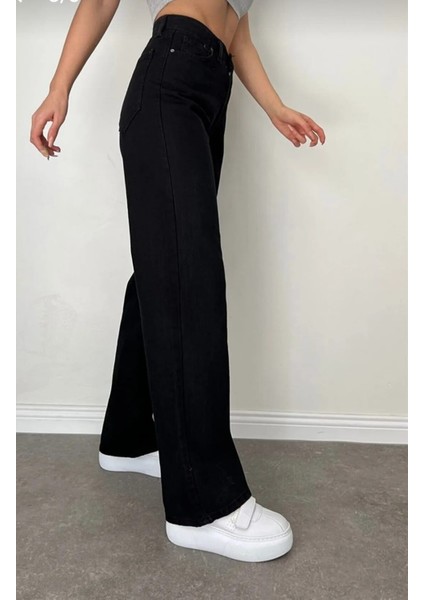 Elliy Simsiyah Likralı Süper Yüksek Bel Salaş Jeans Palazzo Pantolon (Süper Yüksek.) Wide Leg modelleri