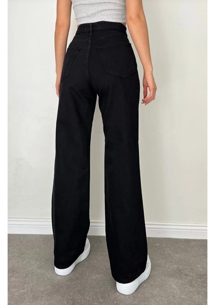 Elliy Simsiyah Likralı Süper Yüksek Bel Salaş Jeans Palazzo Pantolon (Süper Yüksek.) Wide Leg fırsatları