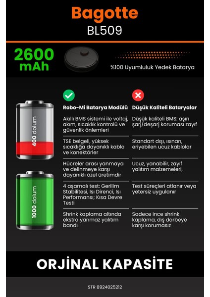 Robo- Mi Bagotte BL509 2600MAH Robot Süpürge Bataryası - Yüksek Yoğunluklu Li- Ion Hücre