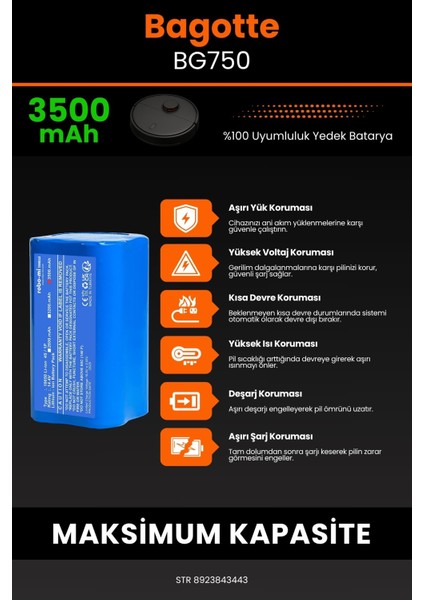 Robo- Mi Bagotte BG750 3500MAH Robot Süpürge Bataryası - Gerçek Kapasite, Maksimum Güvenlik indirimleri