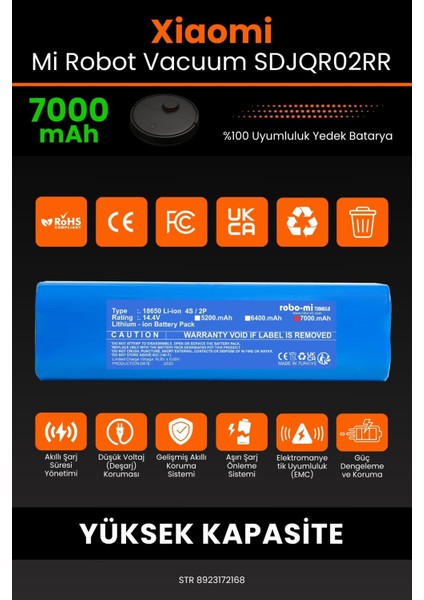 Robo- Mi Xiaomi Mi Robot Vacuum SDJQR02RR 7000MAH Robot Süpürge Bataryası - Sertifikalı Güvenlik modelleri