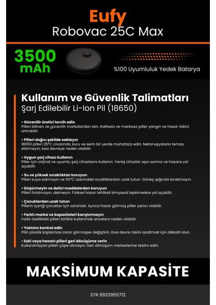 Robo- Mi Eufy Robovac 25C Max 3500MAH Robot Süpürge Bataryası - Gerçek Kapasite, Maksimum Güvenlik