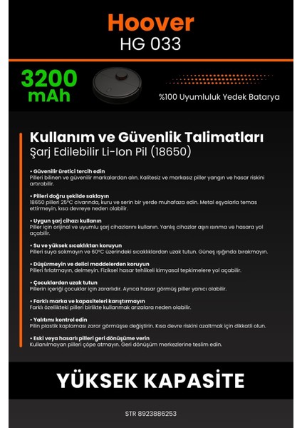 Robo- Mi Hoover Hg 033 3200MAH Robot Süpürge Bataryası - Sertifikalı Güvenlik, Gerçek Kapasite