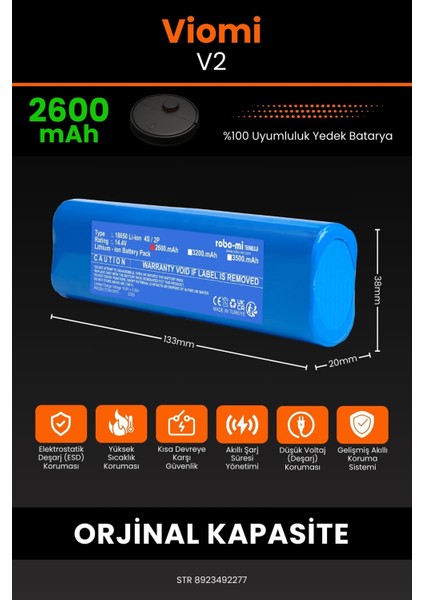 Robo- Mi Viomi V2 2600MAH Robot Süpürge Bataryası - Gerçek Kapasite, Maksimum Güvenlik fiyatları