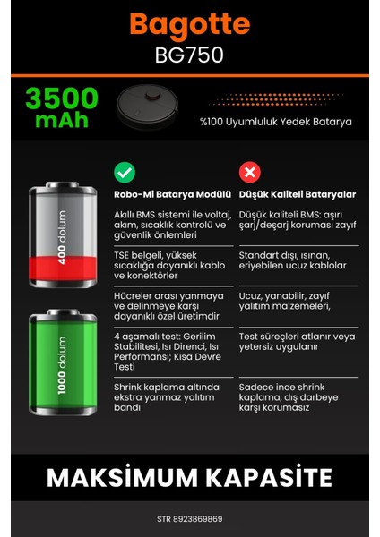 Robo- Mi Bagotte BG750 3500MAH Robot Süpürge Bataryası - Sertifikalı Güvenlik, Gerçek Kapasite
