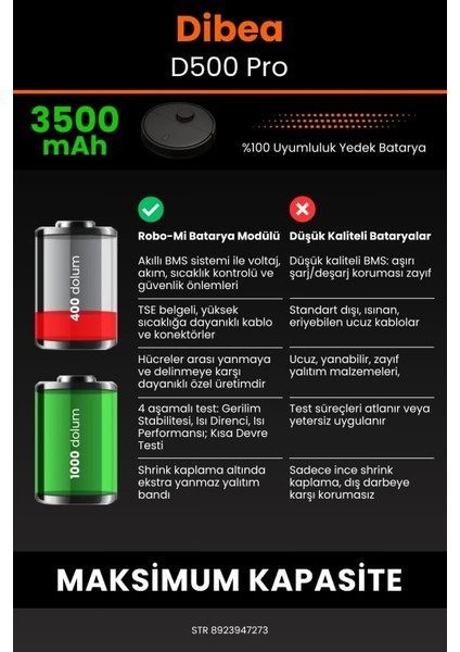 Robo- Mi Dibea D500 Pro 3500MAH Robot Süpürge Bataryası - Koruma Katmanlı Batarya Teknolojisi