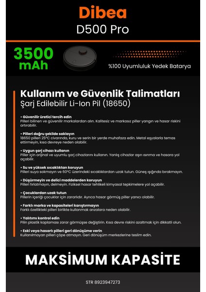 Robo- Mi Dibea D500 Pro 3500MAH Robot Süpürge Bataryası - Koruma Katmanlı Batarya Teknolojisi