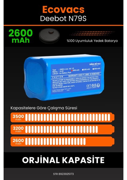 Robo- Mi Ecovacs Deebot N79S 2600MAH Robot Süpürge Bataryası - Gerçek Kapasite, Maksimum Güvenlik fırsatları