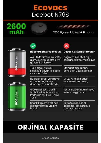 Robo- Mi Ecovacs Deebot N79S 2600MAH Robot Süpürge Bataryası - Gerçek Kapasite, Maksimum Güvenlik
