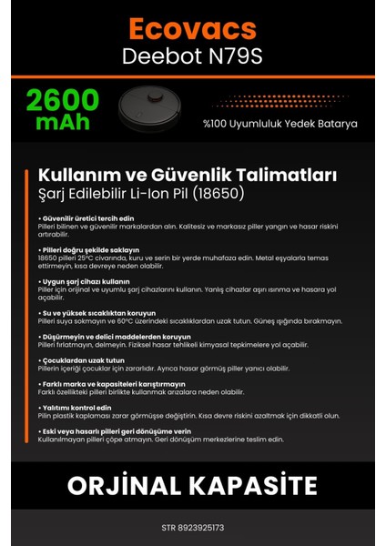 Robo- Mi Ecovacs Deebot N79S 2600MAH Robot Süpürge Bataryası - Gerçek Kapasite, Maksimum Güvenlik