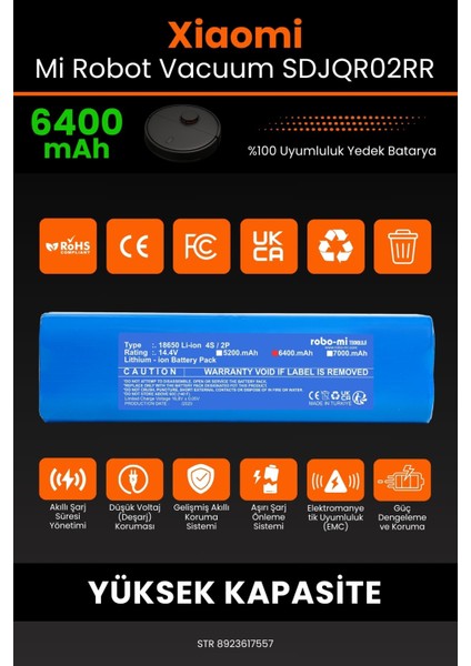 Robo- Mi Xiaomi Mi Robot Vacuum SDJQR02RR 6400MAH Robot Süpürge Bataryası - Gerçek Kapasite modelleri