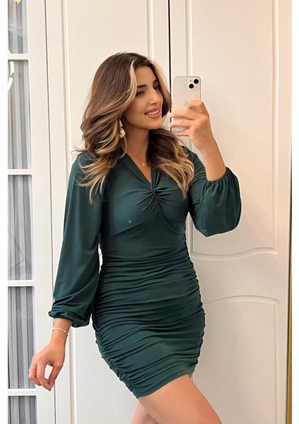Kadın Uzun Kollu V Yakalı Yanlardan Büzgülü Kısa Sandy Elbise 2xl-3xl-Yeşil