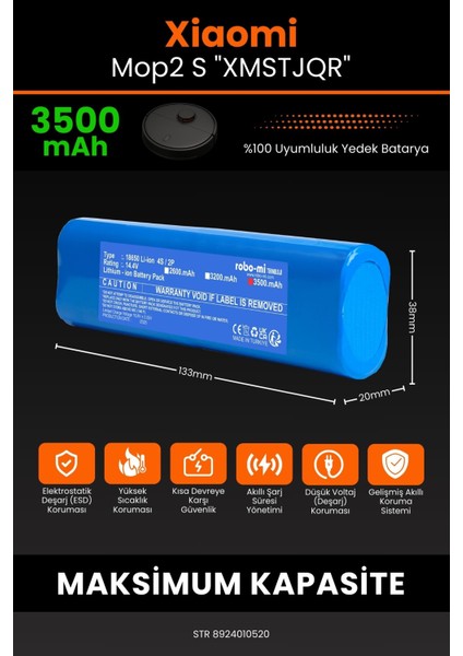 Robo- Mi Xiaomi Mop2 S "xmstjqr" 3500MAH Robot Süpürge Bataryası - Sertifikalı Güvenlik, Gerçek Kapasite fiyatları