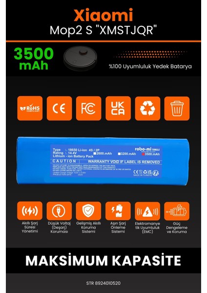 Robo- Mi Xiaomi Mop2 S "xmstjqr" 3500MAH Robot Süpürge Bataryası - Sertifikalı Güvenlik, Gerçek Kapasite modelleri