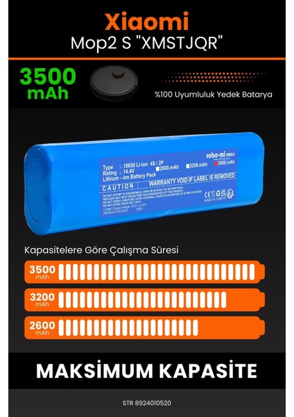 Robo- Mi Xiaomi Mop2 S "xmstjqr" 3500MAH Robot Süpürge Bataryası - Sertifikalı Güvenlik, Gerçek Kapasite fırsatları
