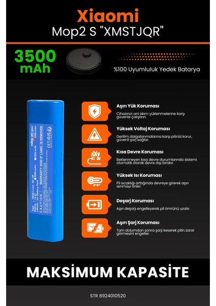 Robo- Mi Xiaomi Mop2 S "xmstjqr" 3500MAH Robot Süpürge Bataryası - Sertifikalı Güvenlik, Gerçek Kapasite indirimleri
