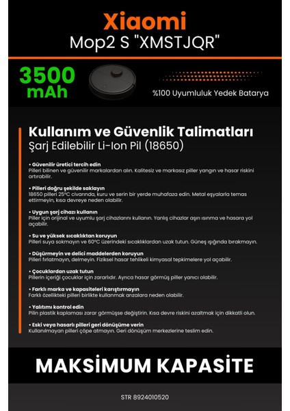 Robo- Mi Xiaomi Mop2 S "xmstjqr" 3500MAH Robot Süpürge Bataryası - Sertifikalı Güvenlik, Gerçek Kapasite