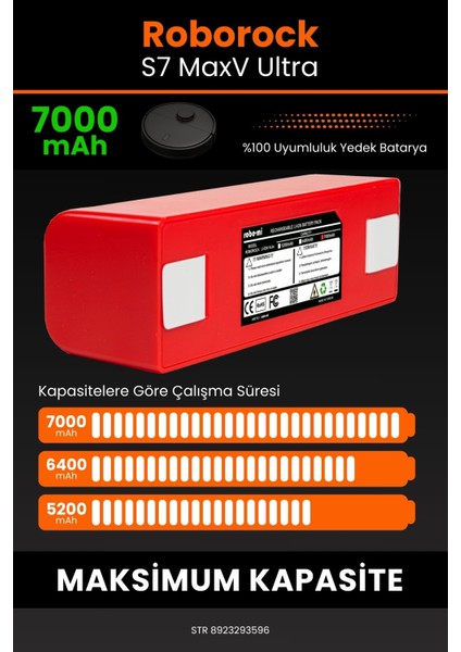 Robo- Mi Roborock S7 Maxv Ultra 7000MAH Robot Süpürge Bataryası - Gerçek Kapasite, Maksimum Güvenlik fırsatları