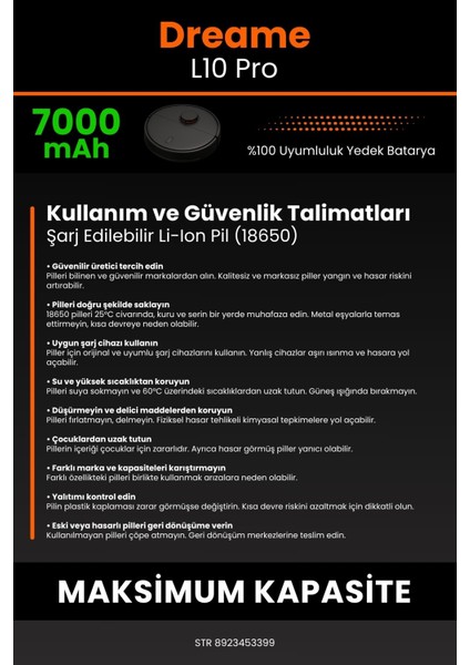 Robo- Mi Dreame L10 Pro 7000MAH Robot Süpürge Bataryası - Gerçek Kapasite, Maksimum Güvenlik