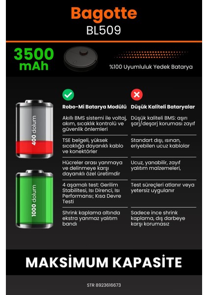 Robo- Mi Bagotte BL509 3500MAH Robot Süpürge Bataryası - Koruma Katmanlı Batarya Teknolojisi