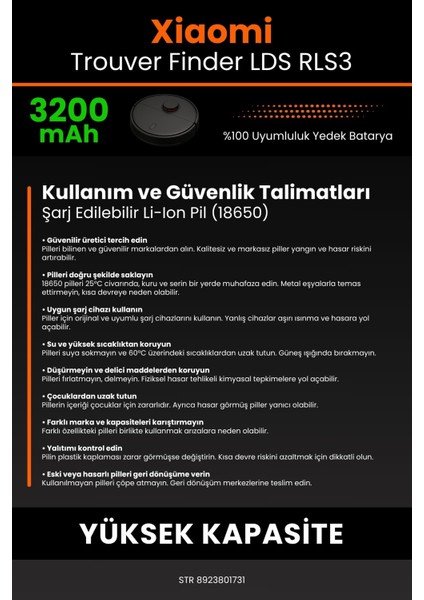 Xiaomi Trouver Finder Lds Rls3 3200MAH Robot Süpürge Bataryası - Gerçek Kapasite, Maksimum Güvenlik