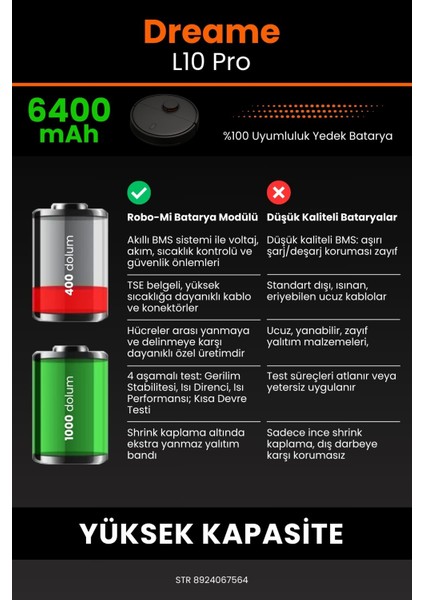 Robo- Mi Dreame L10 Pro 6400MAH Robot Süpürge Bataryası - Gerçek Kapasite, Maksimum Güvenlik