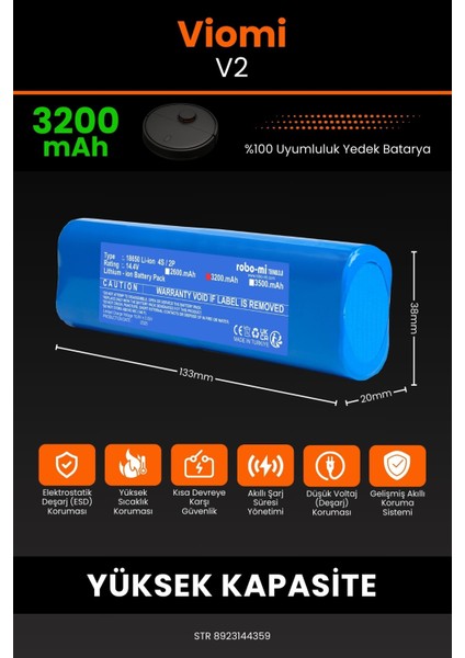 Robo- Mi Viomi V2 3200MAH Robot Süpürge Bataryası - Gerçek Kapasite, Maksimum Güvenlik fiyatları