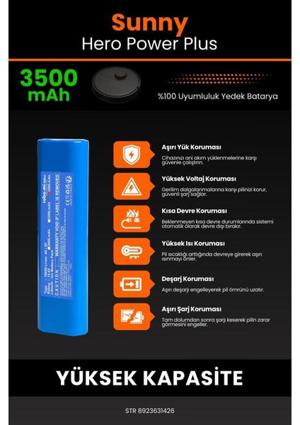 Robo- Mi Sunny Hero Power Plus 3500MAH Robot Süpürge Bataryası - Sertifikalı Güvenlik, Gerçek Kapasite indirimleri