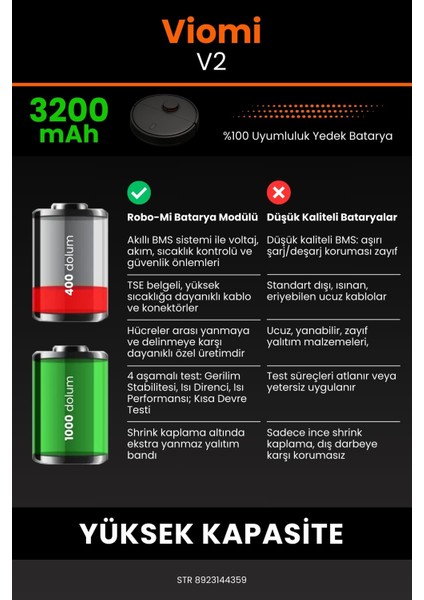Robo- Mi Viomi V2 3200MAH Robot Süpürge Bataryası - Gerçek Kapasite, Maksimum Güvenlik