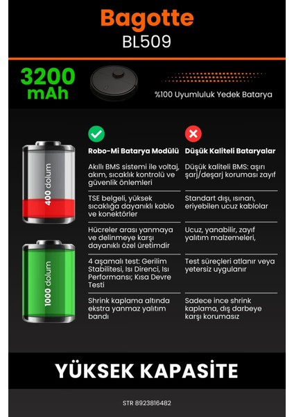 Robo- Mi Bagotte BL509 3200MAH Robot Süpürge Bataryası - Koruma Katmanlı Batarya Teknolojisi