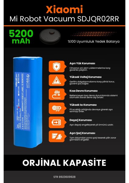 Robo- Mi Xiaomi Mi Robot Vacuum SDJQR02RR 5200MAH Robot Süpürge Bataryası - Sertifikalı Güvenlik indirimleri