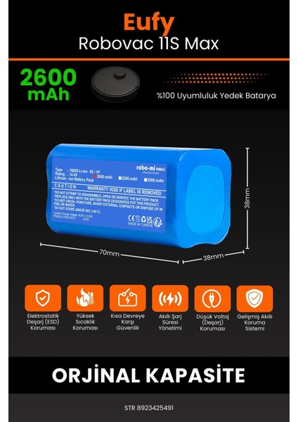 Robo- Mi Eufy Robovac 11S Max 2600MAH Robot Süpürge Bataryası - Sertifikalı Güvenlik, Gerçek Kapasite fiyatları