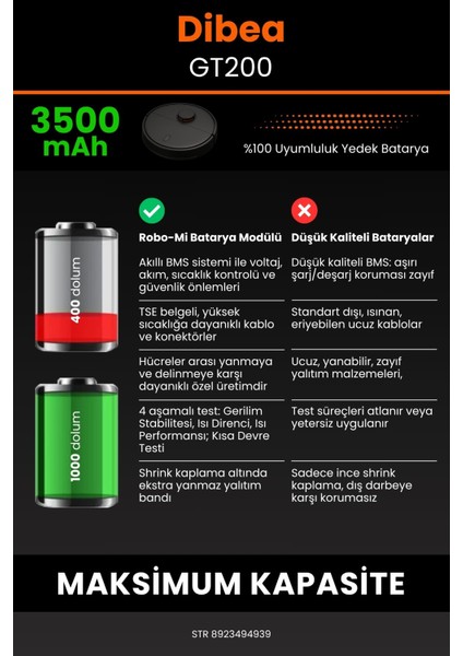 Robo- Mi Dibea GT200 3500MAH Robot Süpürge Bataryası - Sertifikalı Güvenlik, Gerçek Kapasite