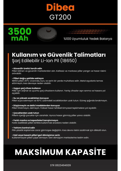 Robo- Mi Dibea GT200 3500MAH Robot Süpürge Bataryası - Sertifikalı Güvenlik, Gerçek Kapasite