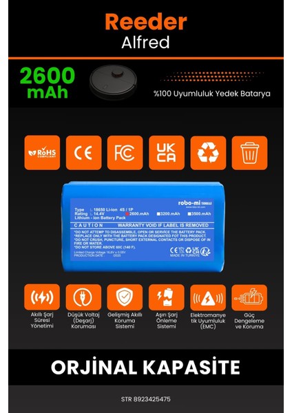 Robo- Mi Reeder Alfred 2600MAH Robot Süpürge Bataryası - Yüksek Yoğunluklu Li- Ion Hücre modelleri
