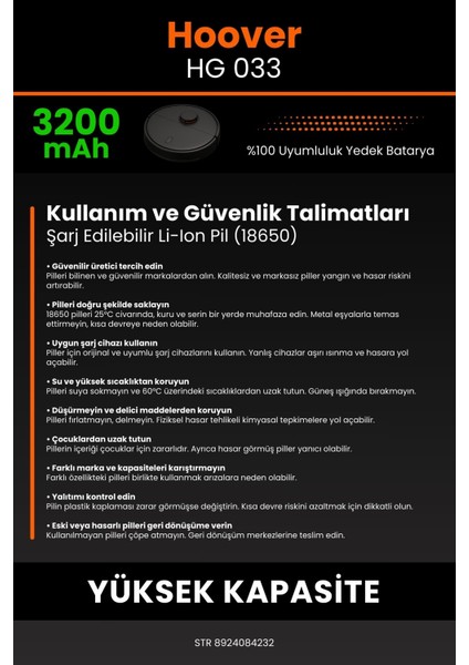 Robo- Mi Hoover Hg 033 3200MAH Robot Süpürge Bataryası - Gerçek Kapasite, Maksimum Güvenlik