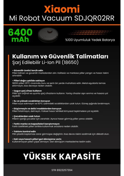 Robo- Mi Xiaomi Mi Robot Vacuum SDJQR02RR 6400MAH Robot Süpürge Bataryası - Koruma Katmanlı Batarya