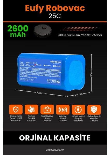 Robo- Mi Eufy 25C 2600MAH Robot Süpürge Bataryası - Gerçek Kapasite, Maksimum Güvenlik fiyatları